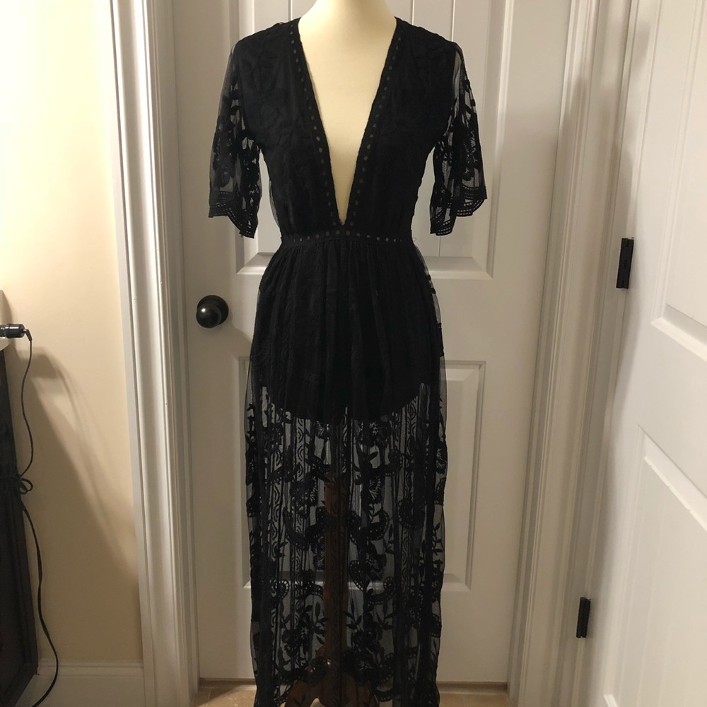 Black Lace Low V-Neck Dress